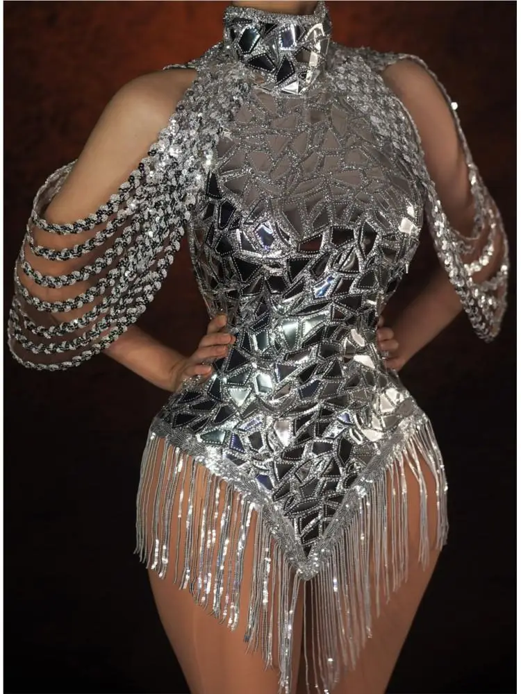 Rhinestone Banding Trim - Leotardo de lentejuelas plateadas brillantes con